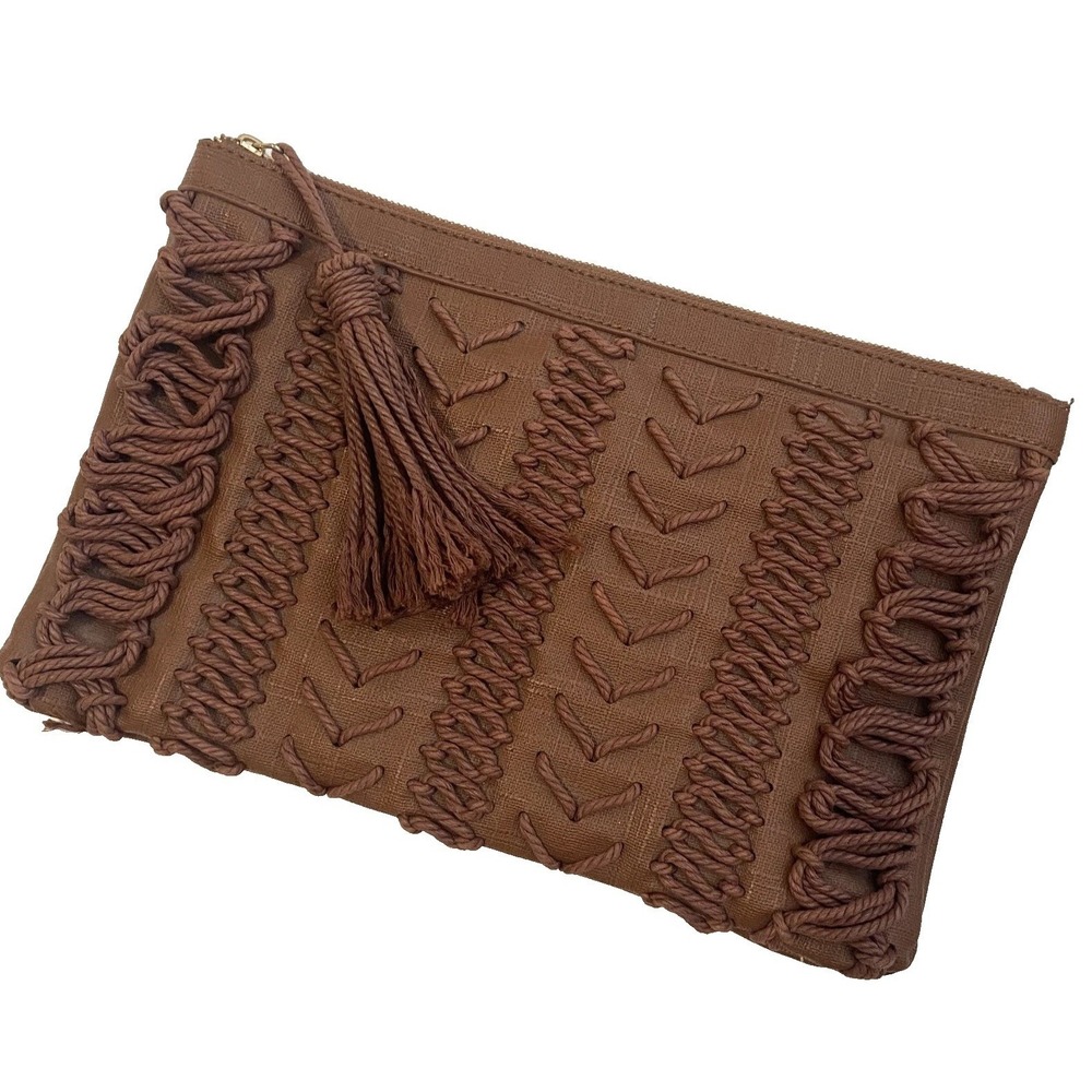 Steve Madden Boho Brown Clutch Purse Tassel Zip Bag 3 Pockets Faux Leather